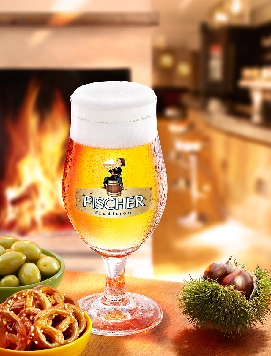 Campagne publicitaire bière Fischer d'automne, bretzels, olives et châtaignes