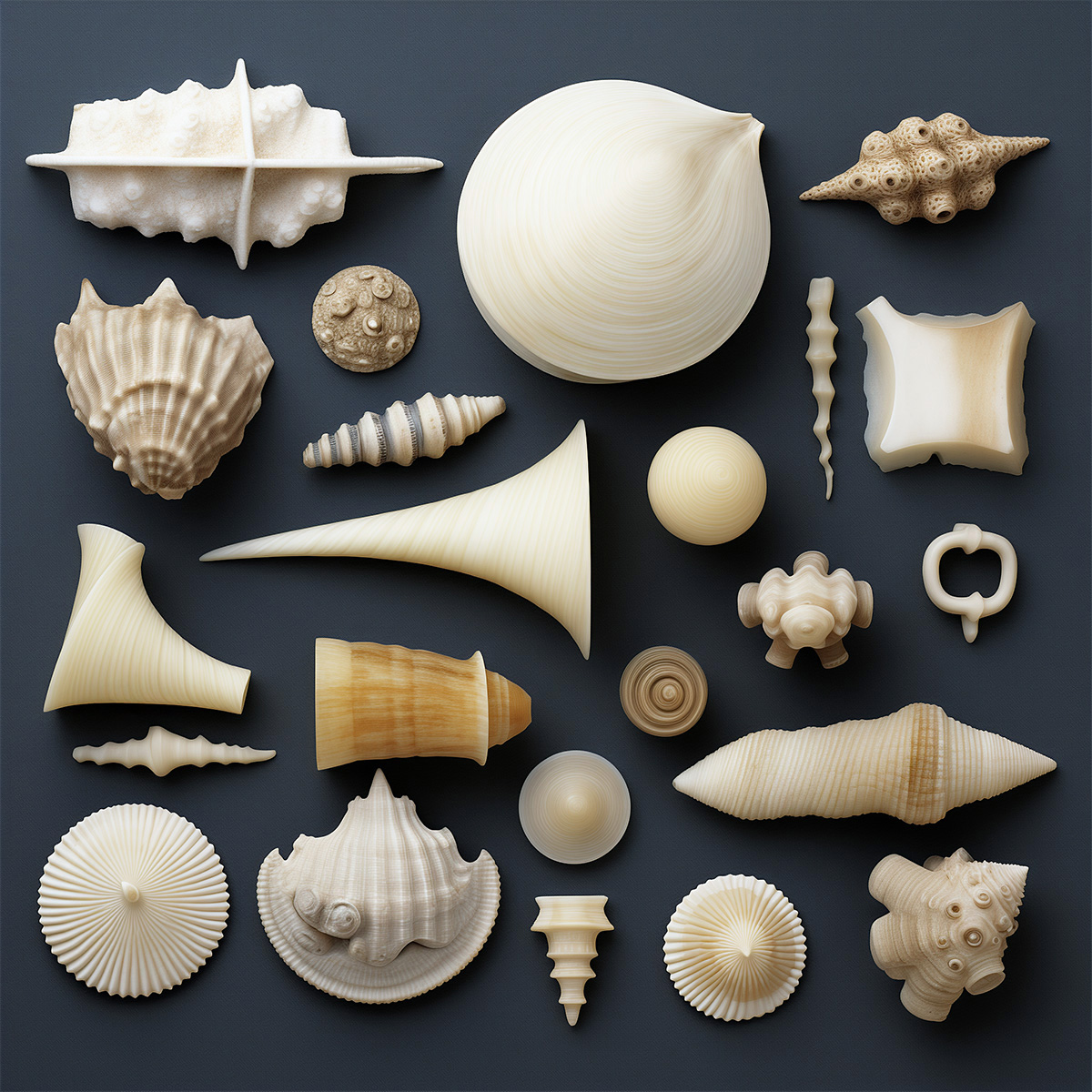 otherwordly shells flatlay, iaart using Midjourney