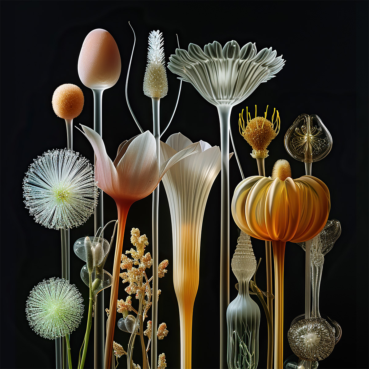 glass flowers on black background, iaart using Midjourney, @saatchiart