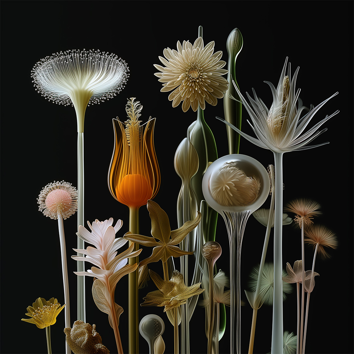 glass flowers  display on black background, iaart using Midjourney, @saatchiart