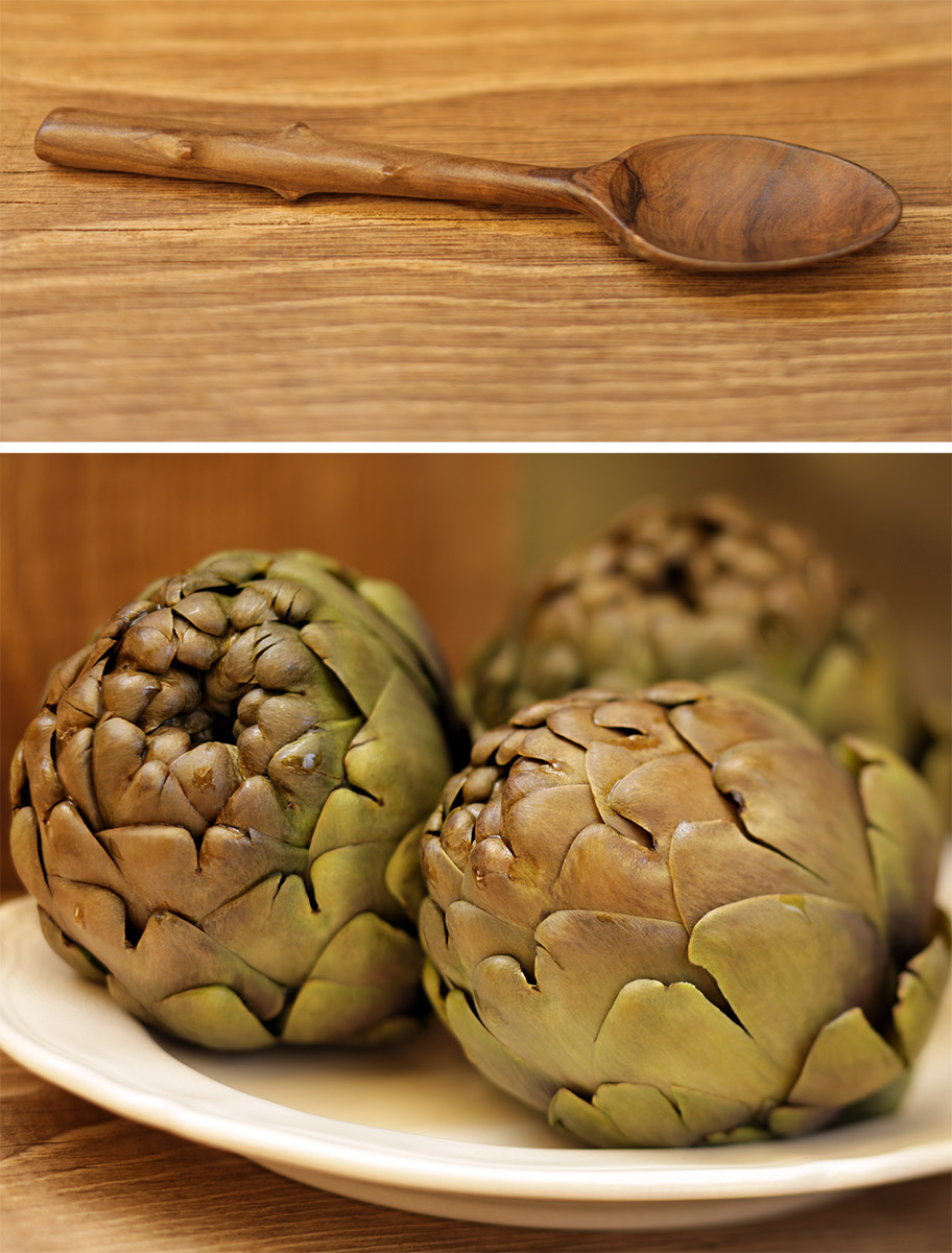 Artichauts et cuillère en bois