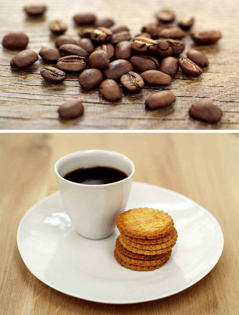 Tasse de café, petits beurre et grains de café