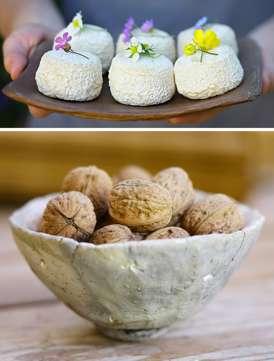 Plateau de fromages de chèvres et fleurs des prés, bol de noix