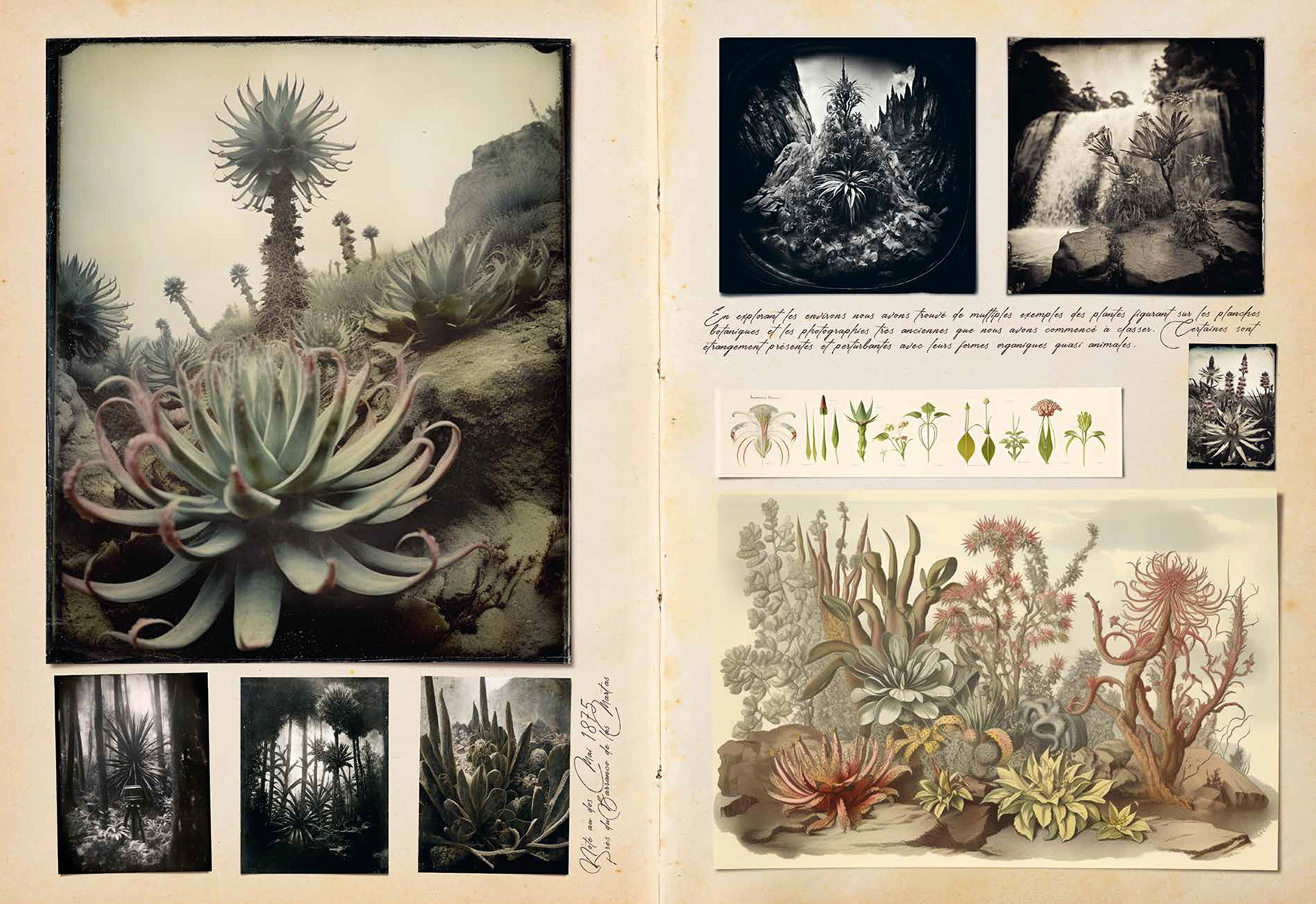 Travel diary pages of unreal botanical