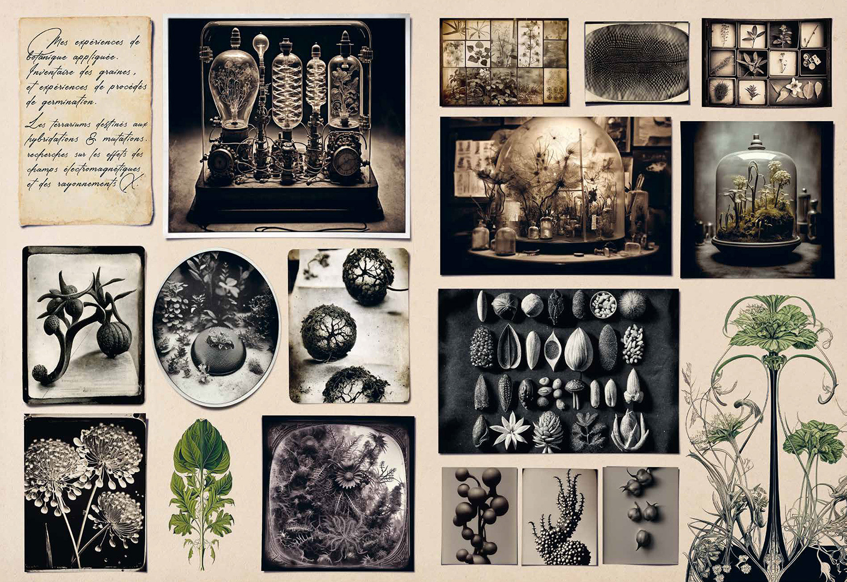 Pages of photographs of botanical experiments, seeds