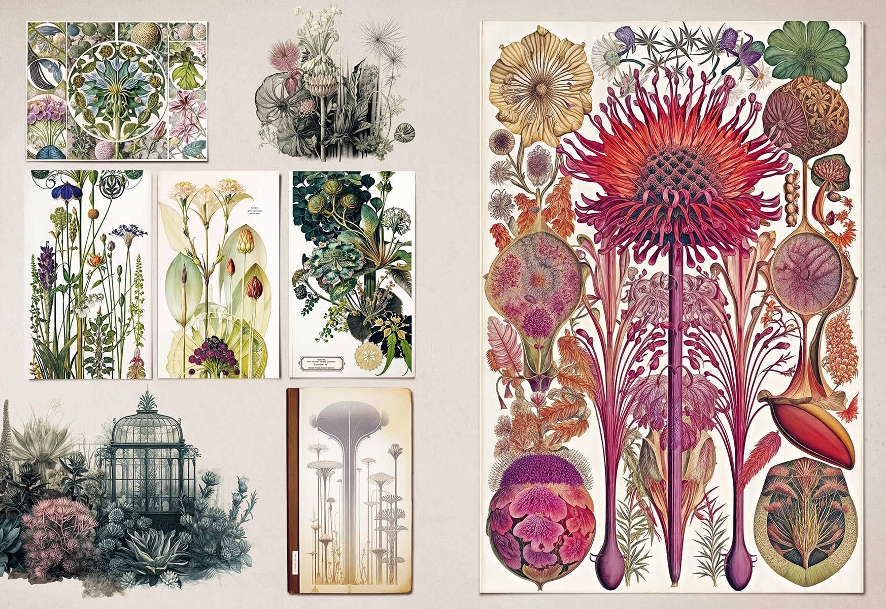 Double page of aesthetic and colorful botanical drawings in an Art Nouveau style
