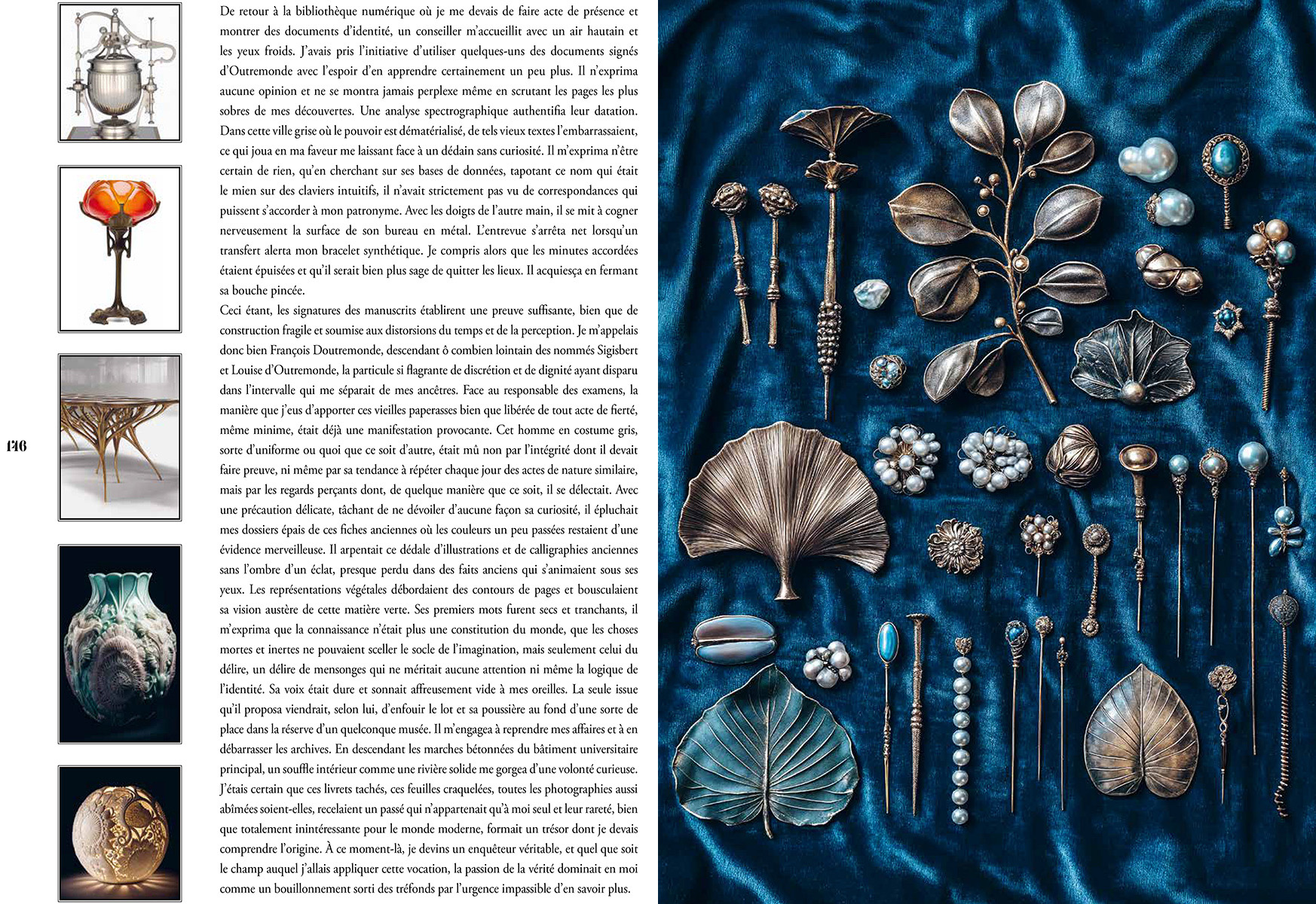 Double page of surreal Art Nouveau objects and jewelry 