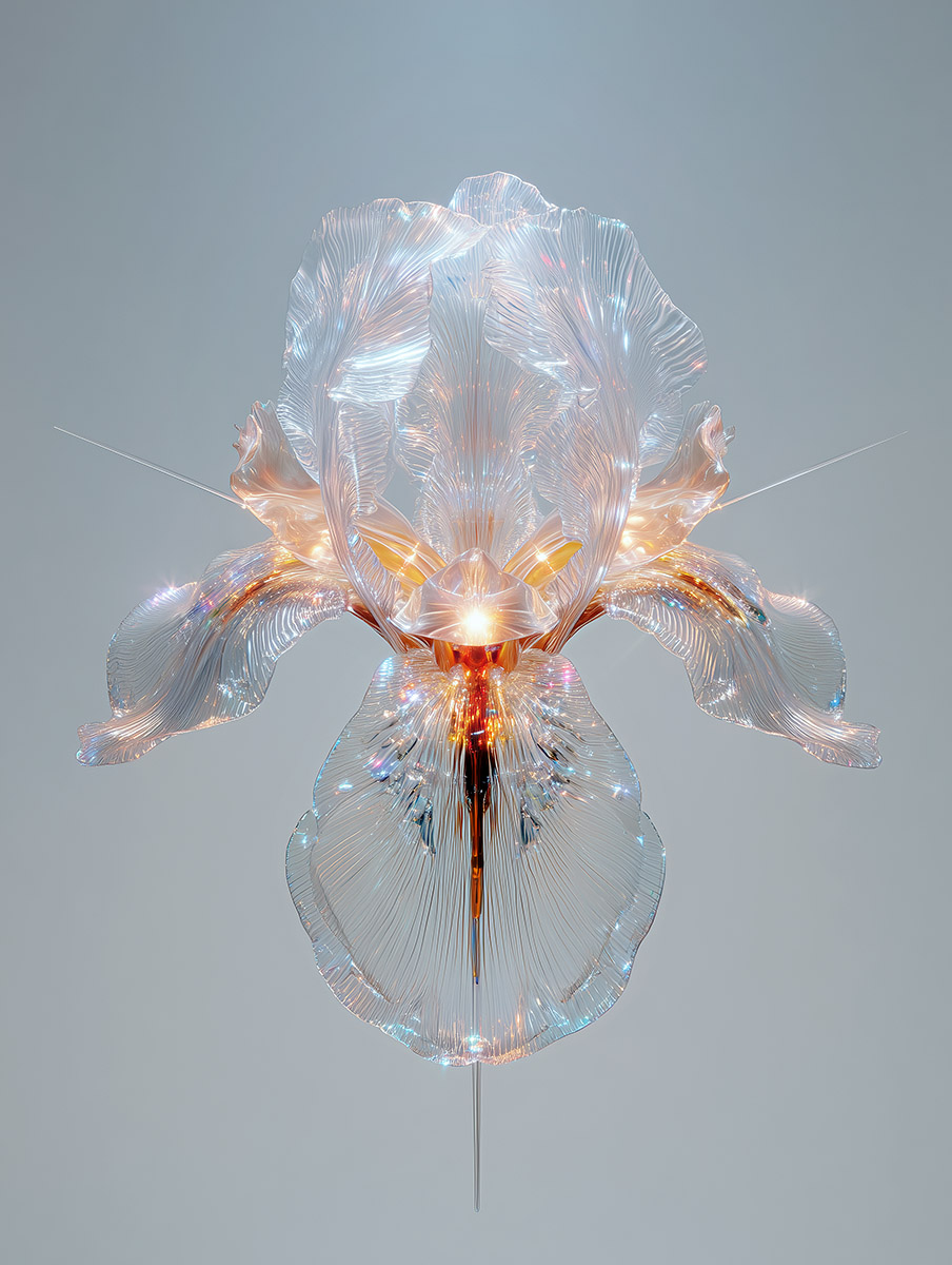 Luxurious glass iris flowers shimmering under a veil of light, perfect for upscale large-scale wall art