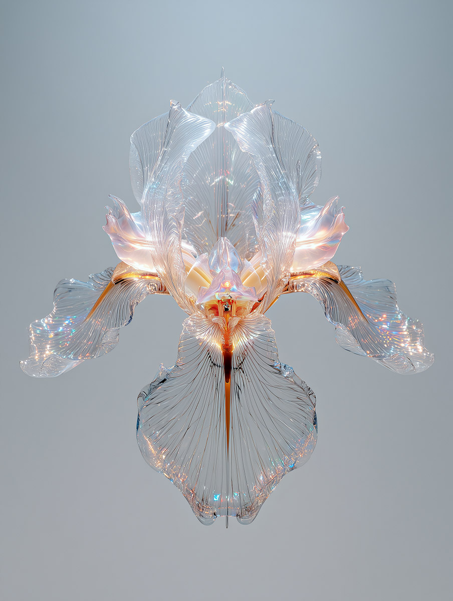 Biomorphic glass iris sculpture floating in space, an exclusive design for luxury interiors