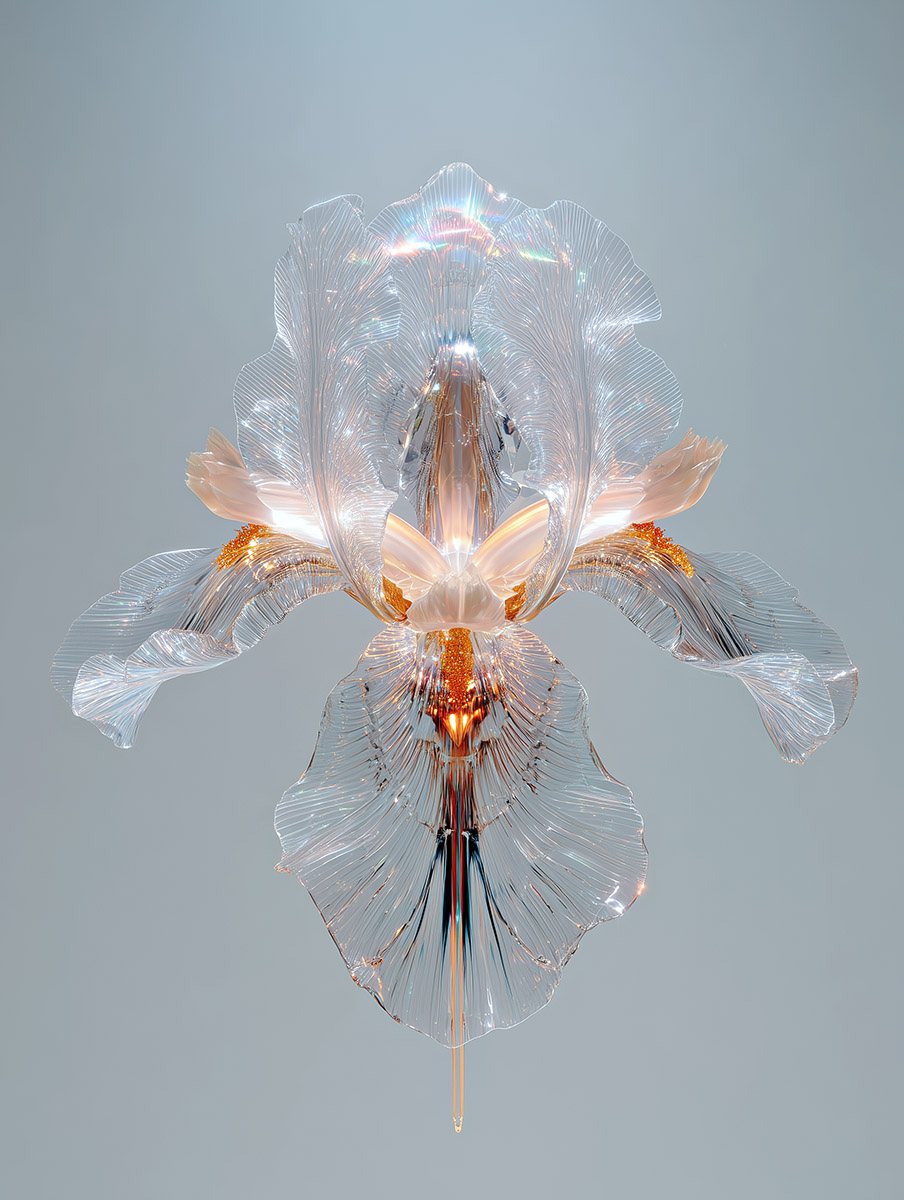 Digital glass iris blossoms with luminous transparencies, ideal for high-end decorative panels