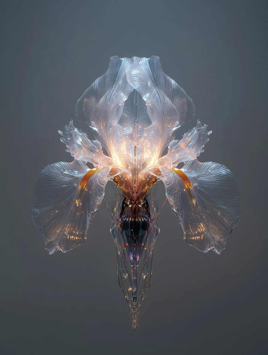 Contemporary glass iris flowers glowing in darkness, perfect for refined wall compositions