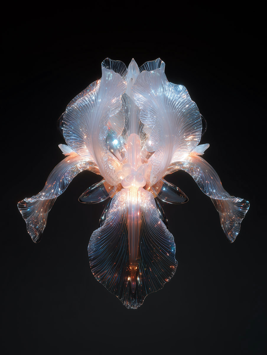 Luminescent glass iris presented lon pure black background, a statement piece for luxurious spaces