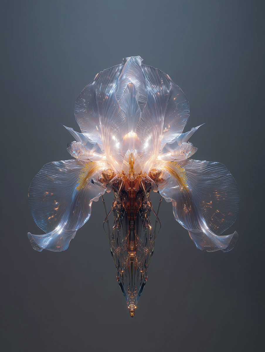 Sculptural glass iris presented like an offering, a statement piece for luxurious spaces