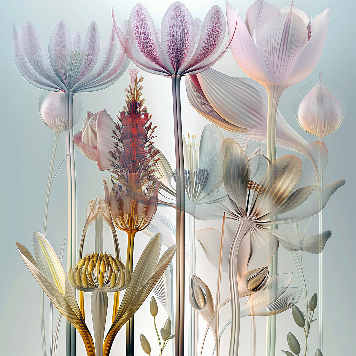 Architectural blossoms sketched in glass lines