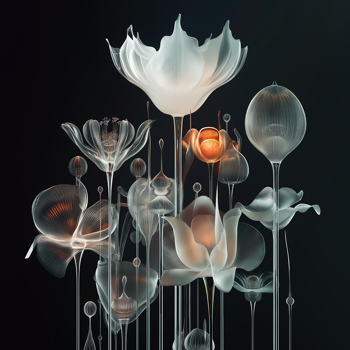 Glass flowers in fragile full bloom