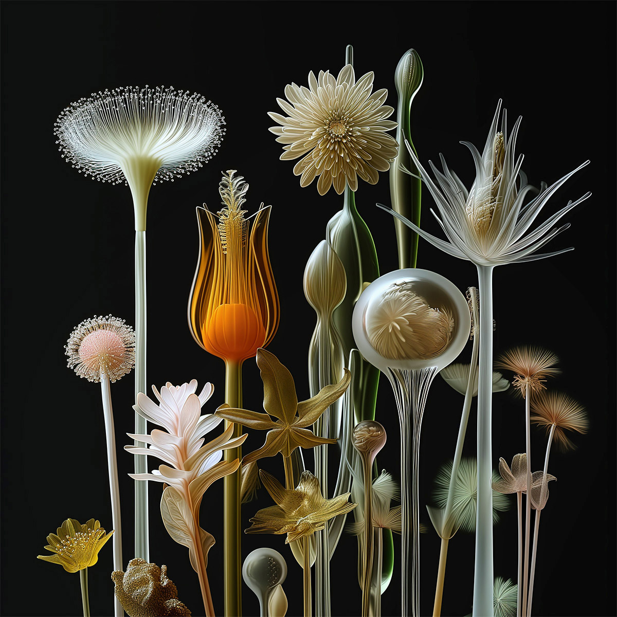 Glass flower arrangement in chiaroscuro tones