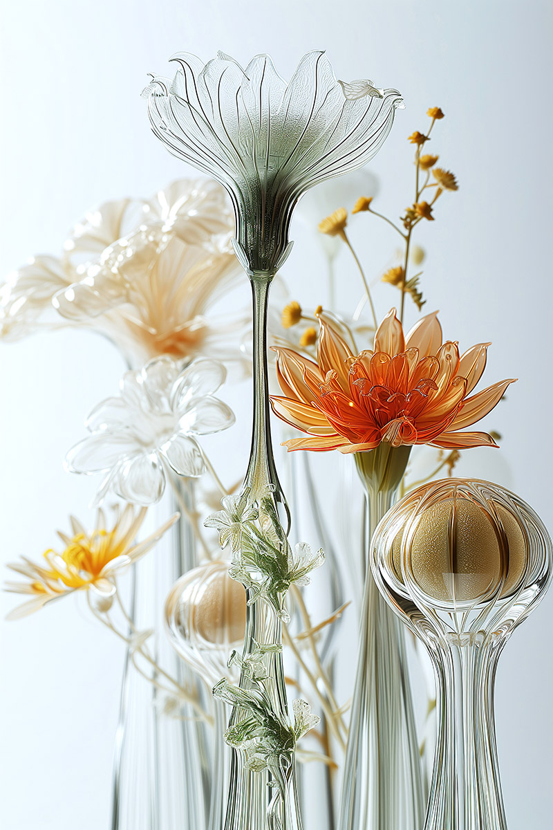 Translucent glass blossoms on white background