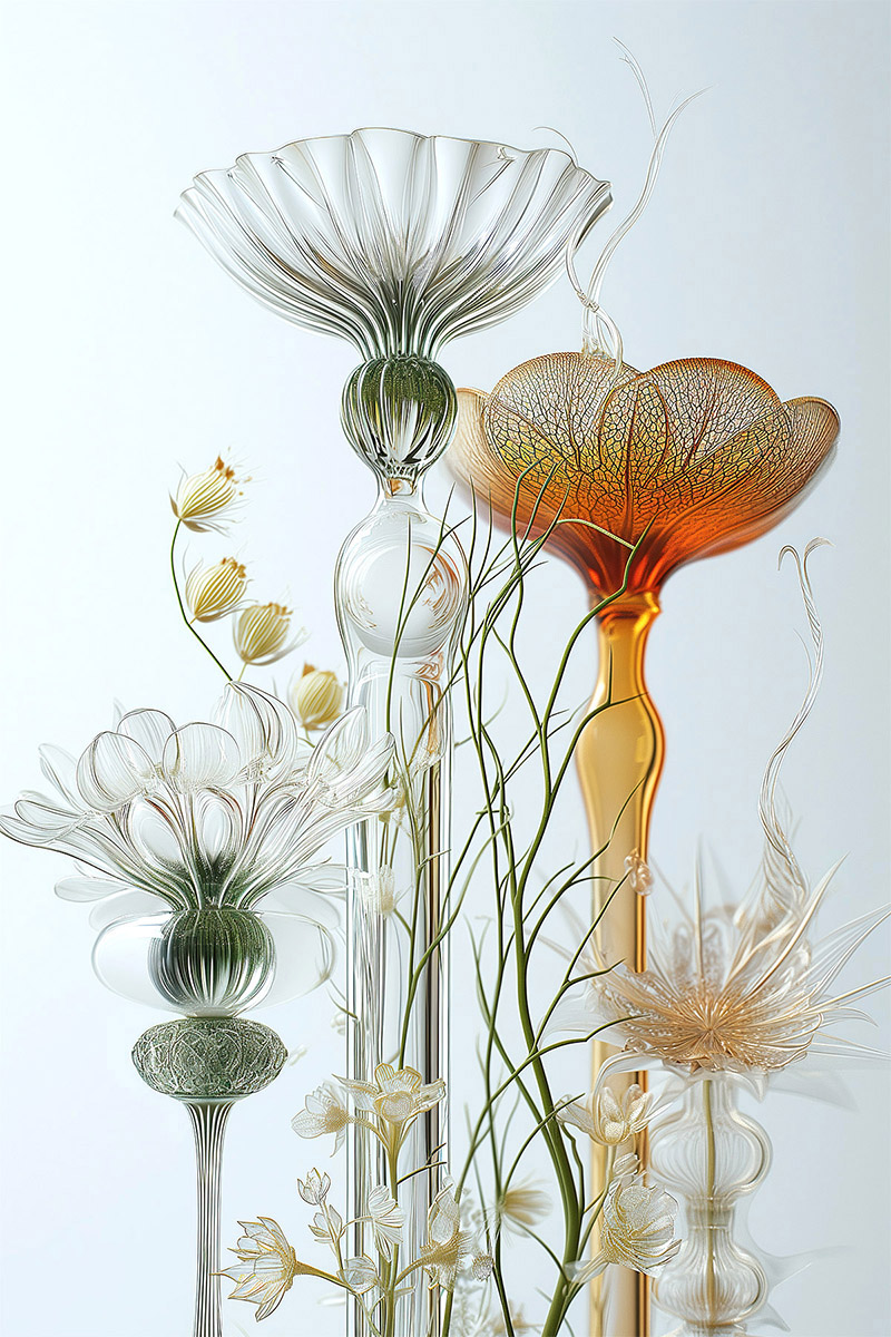 Delicate floral glasswork bathed in light