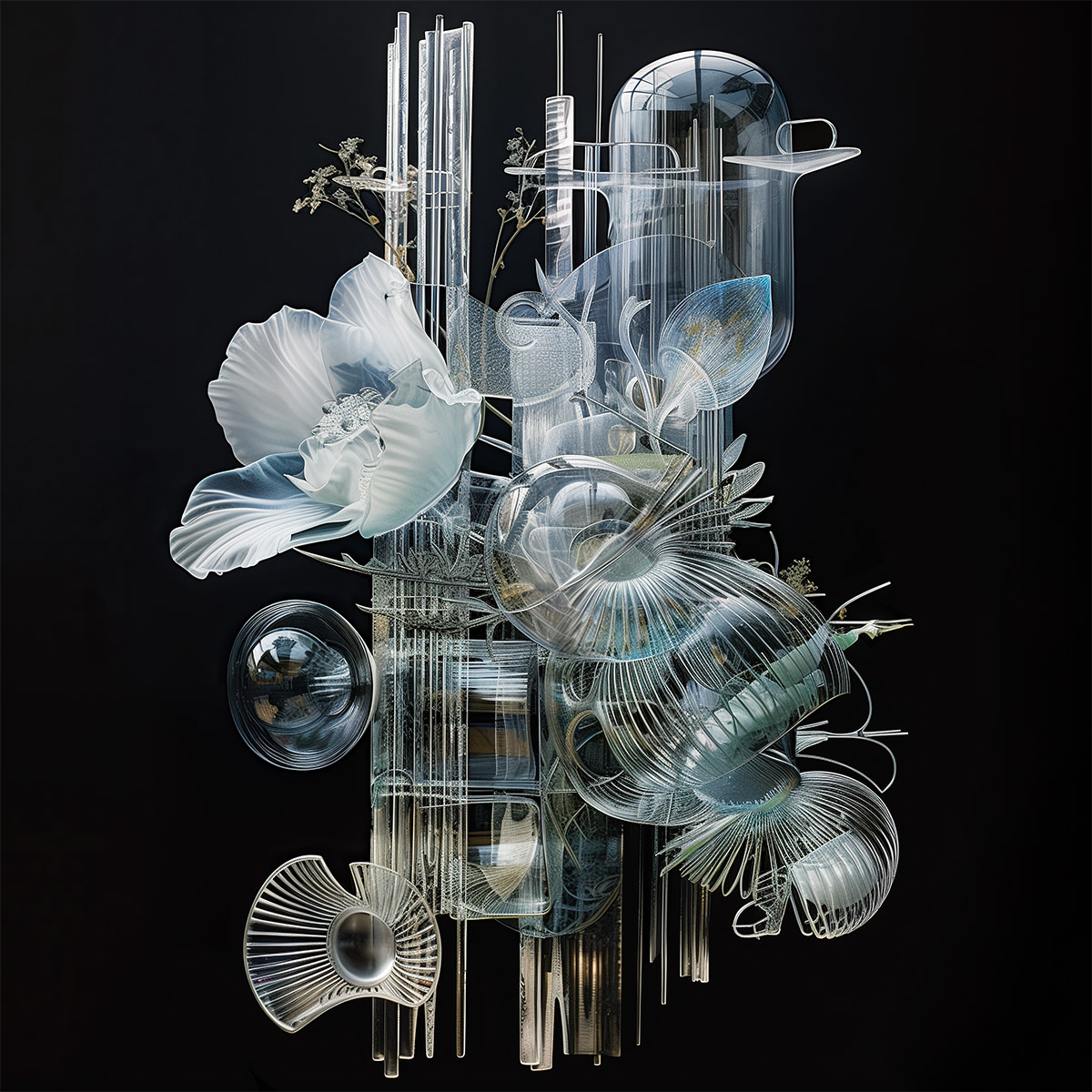Surreal and chaotic botanical architecture forged in glass