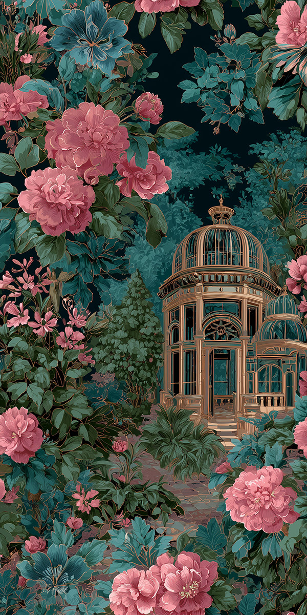 Vertical peonies flowers pattern illustration with an enchanted greenhouse