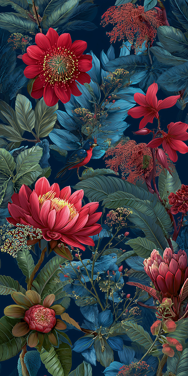 Elegant mural of blue and red flowers motif, vertical format