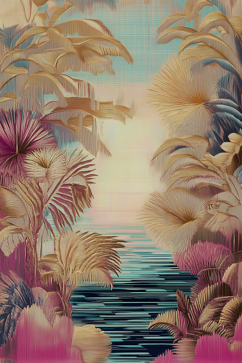 Stylized Borneo rainforest pond in vibrant gold tones, high-definition digital mural artwork