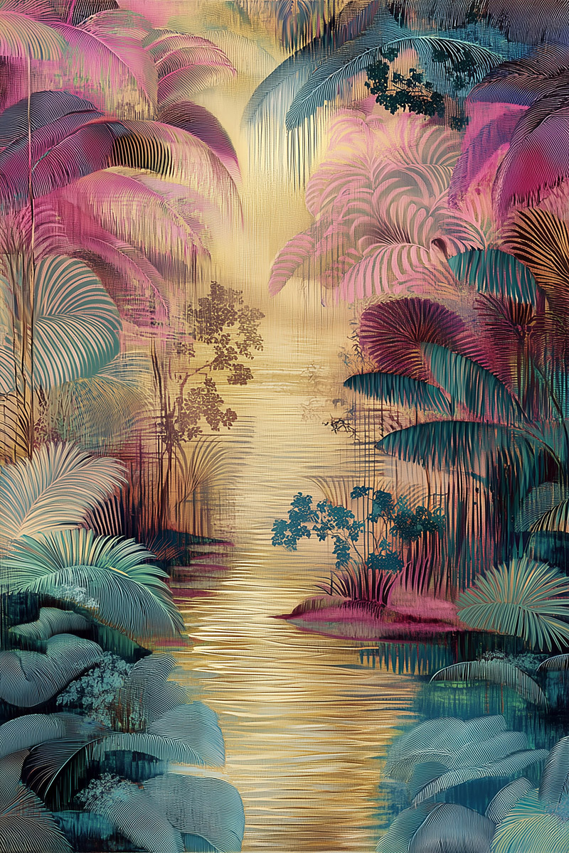 Gold tones tropical river landscape tapestry pattern, printable in extra-large wall size