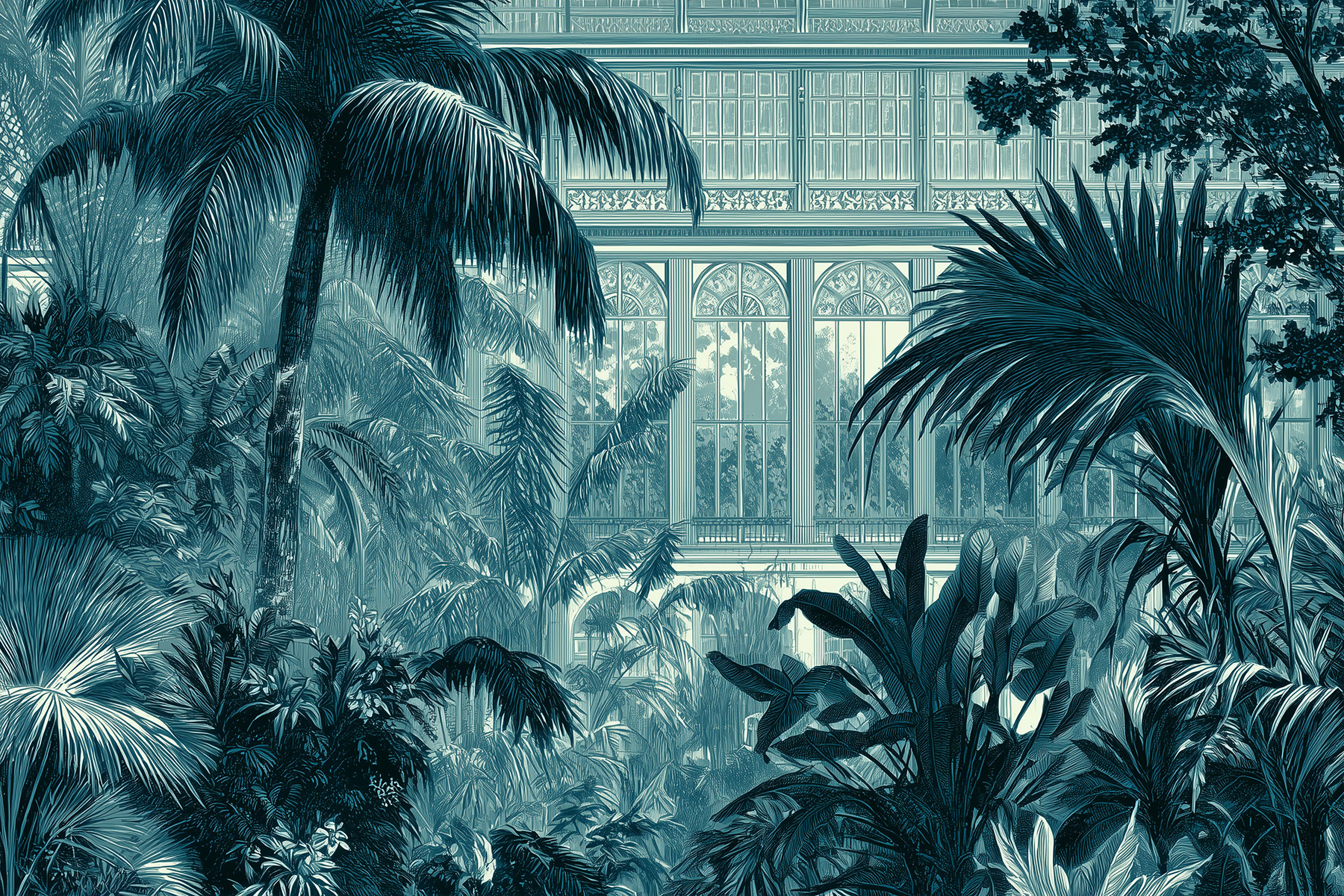 Engraving-style botanical mural in blue monochrome, printable in extra-large wall sizes