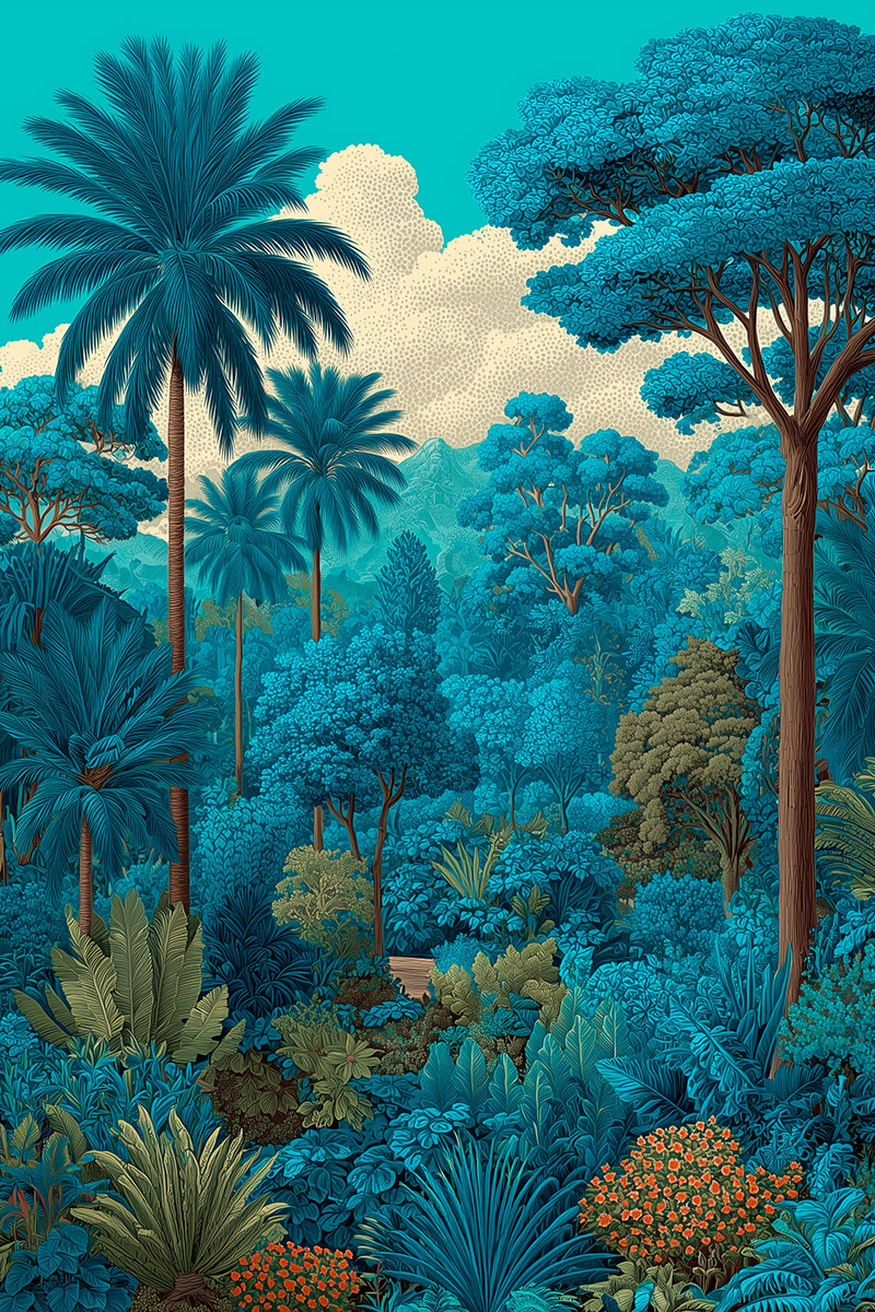Stylized jungle forest mural in serene blue and pink hues for wall art composition