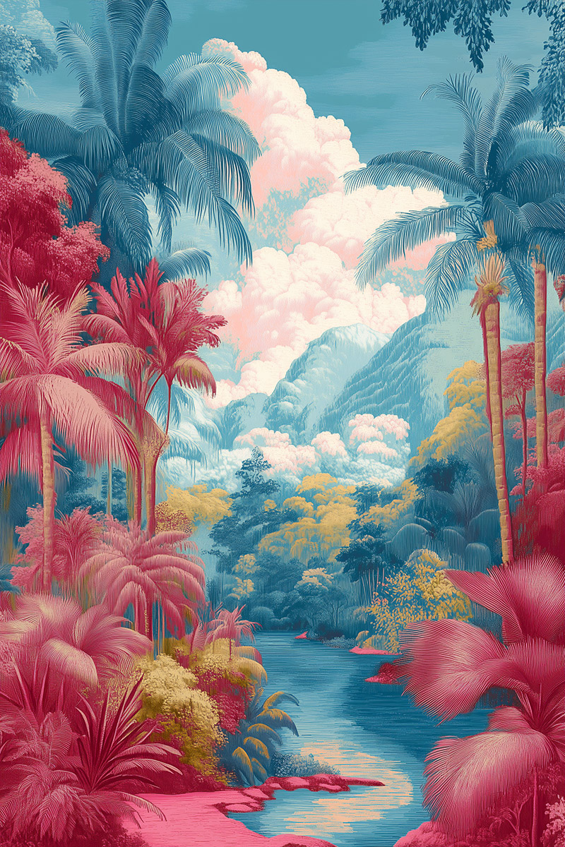 Jungle tapestry motif revisited in vivid blue hues, digital wall art composition