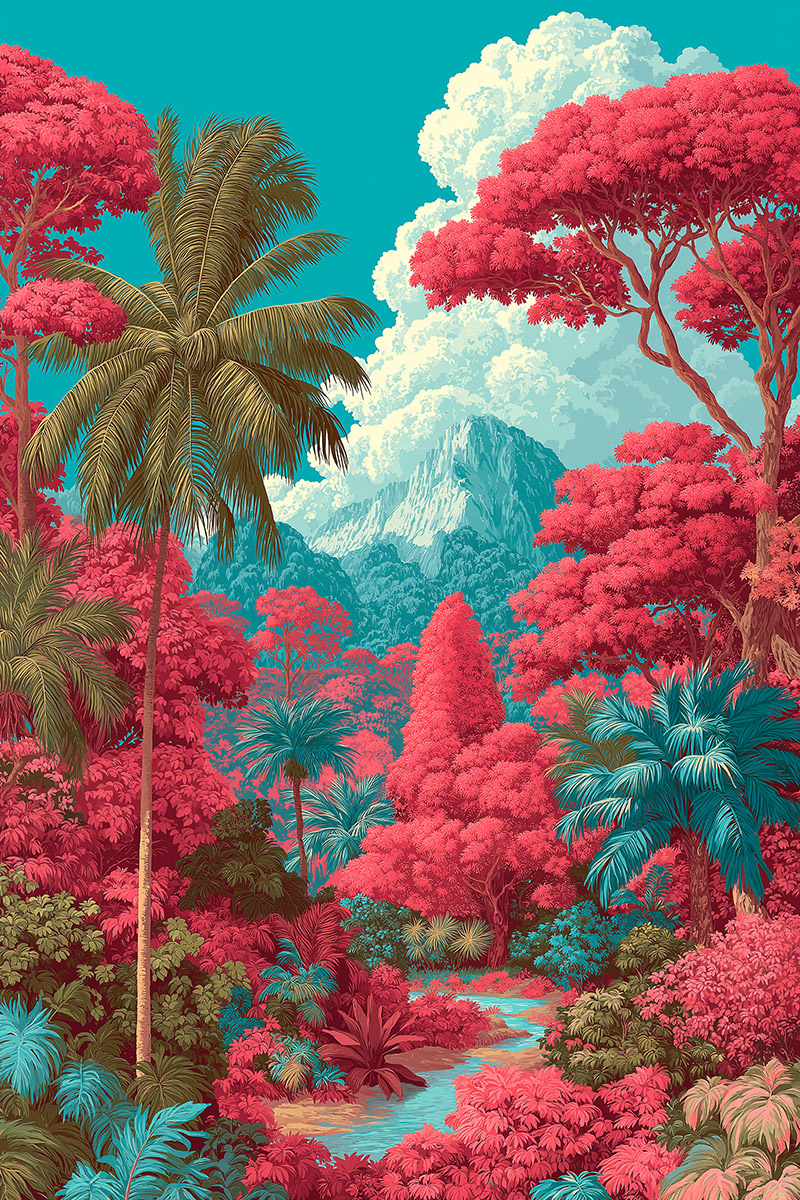 Lush pink jungle landscape, vibrant decorative mural for large-scale formats