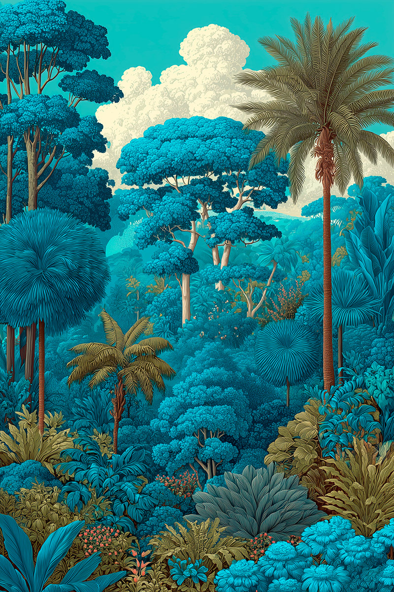 Luxurious blue-toned Borneo jungle mural, high-resolution wall illustration