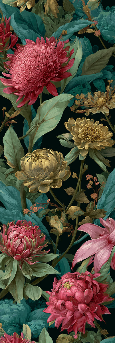 Vertical peonies flowers pattern illustration on black