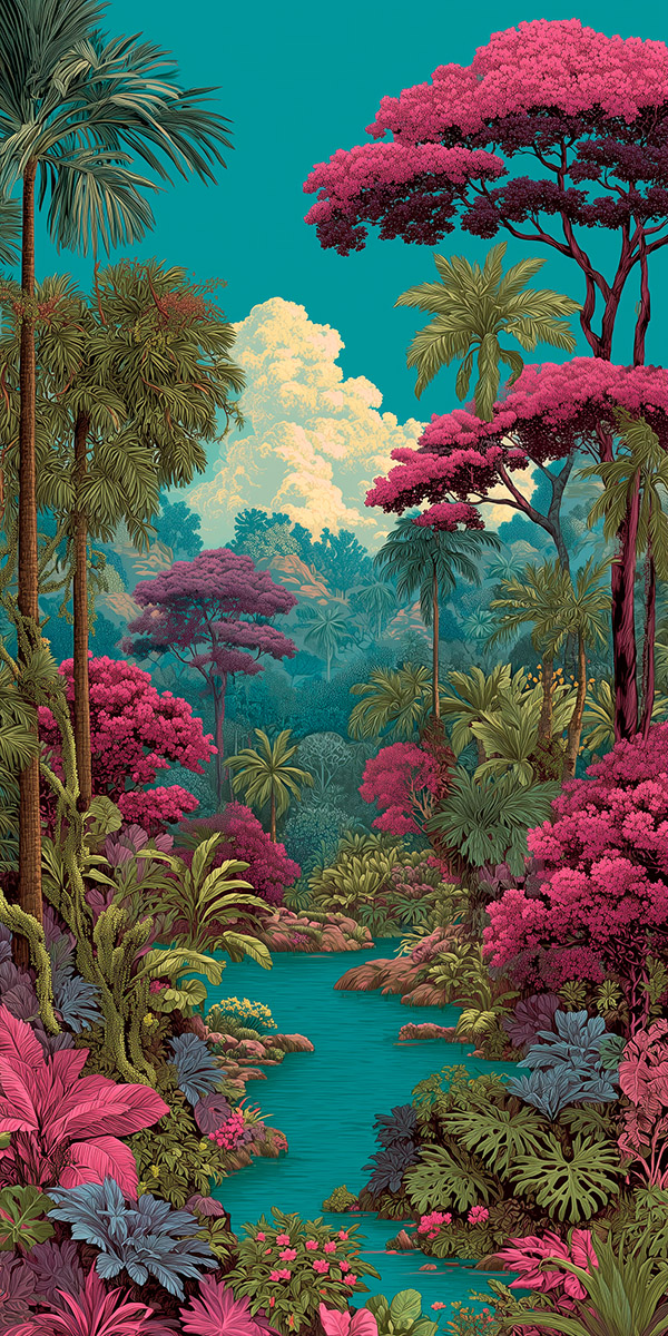 Vivid tropical rainforest scene in pink and cyan, high-definition digital mural artwork