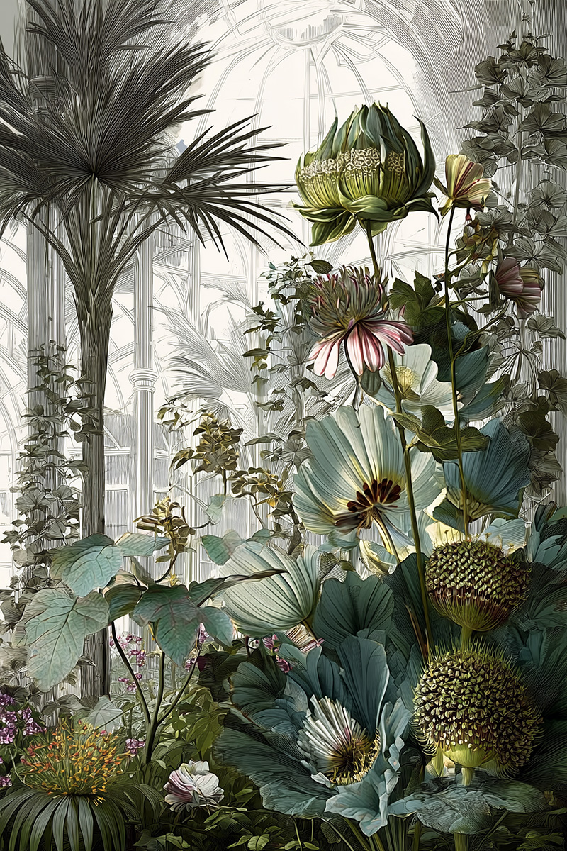 Inside a greenhouse illustration, optimized for tall-format wall coverings