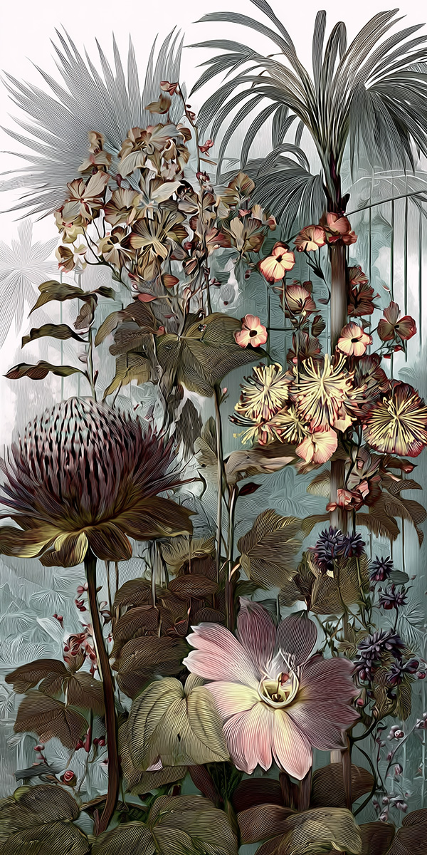 Bronze-hued fantasy flower mural, ideal for refined decorative environments and upscale spaces