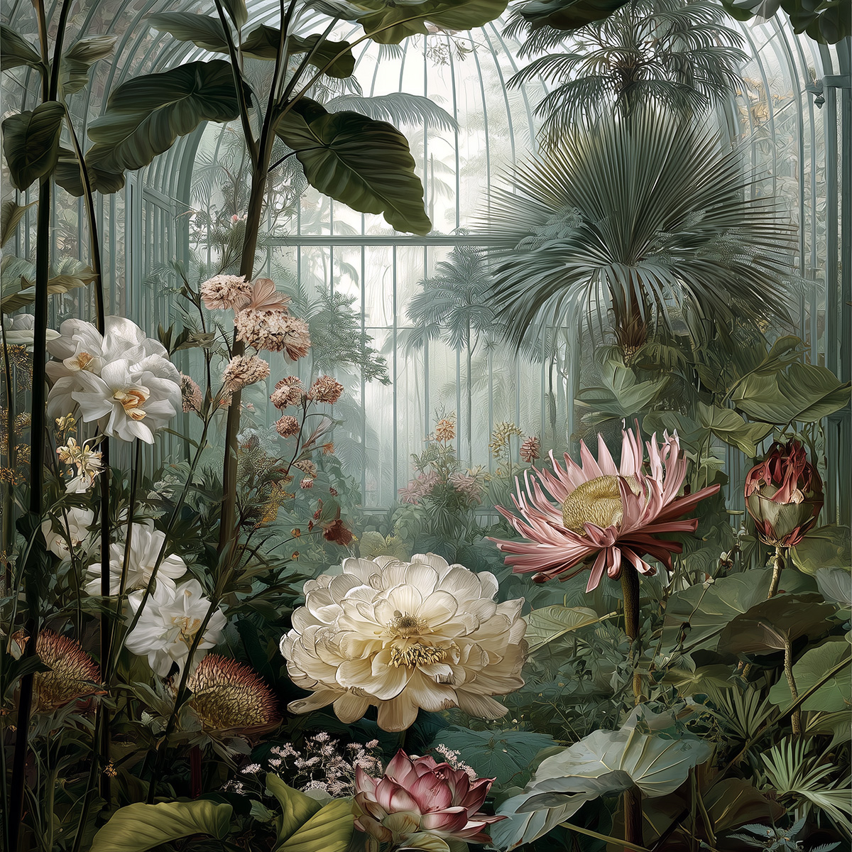 Square-format greenhouse mural with lush floral elements, suitable for modular wall decor