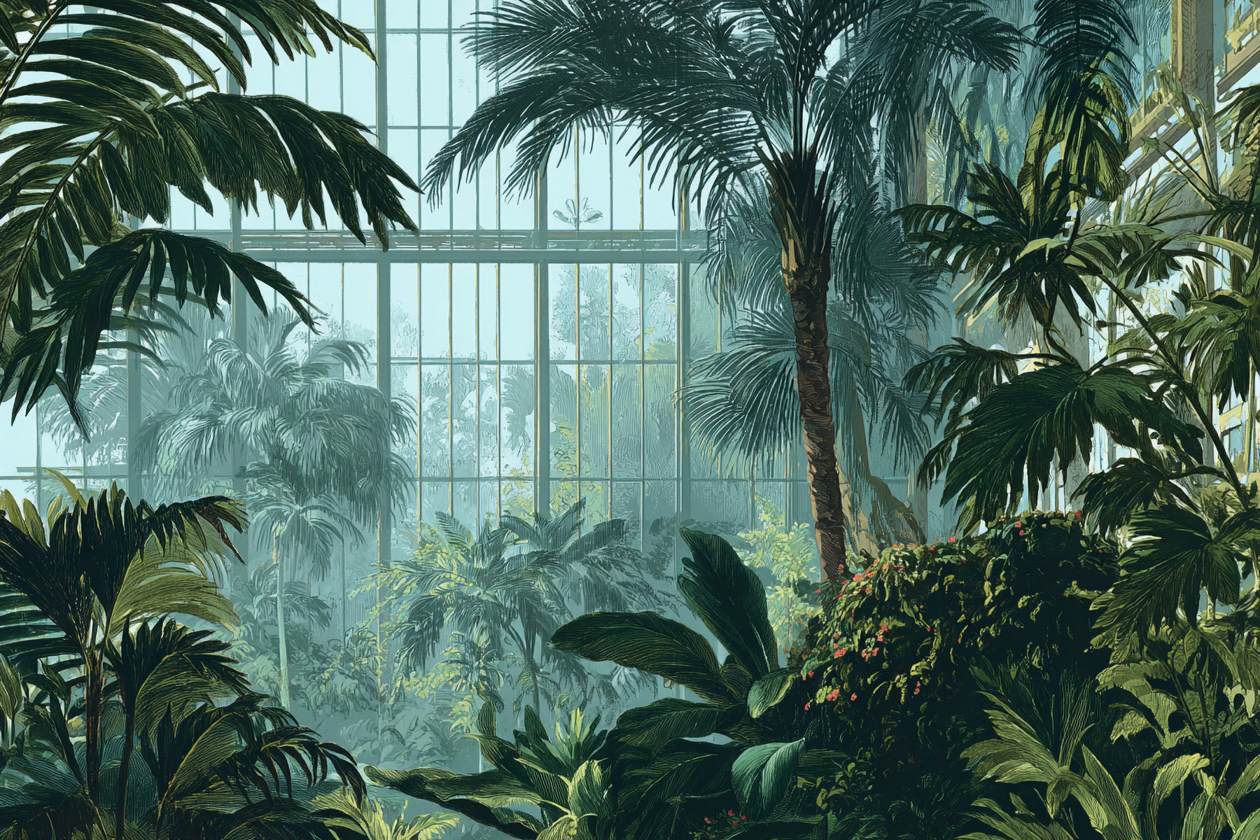 Detailed section of a greenhouse mural in painterly style, designed for oversized formats