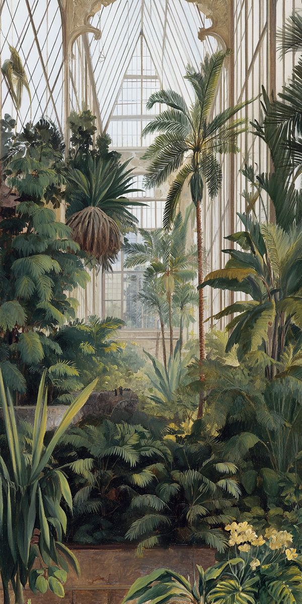 Vertical greenhouse painting in warm hues, optimized for tall-format wall coverings