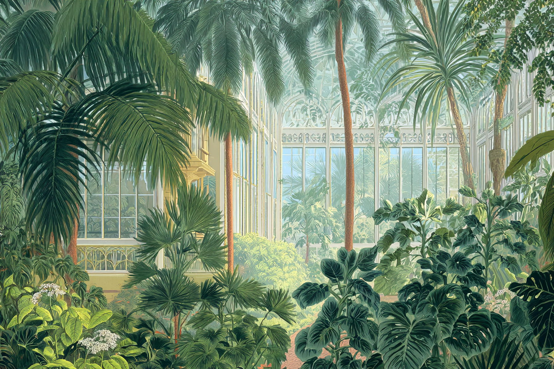 Greenhouse mural glowing with luminous sunlight, produced for large-format luxury printing