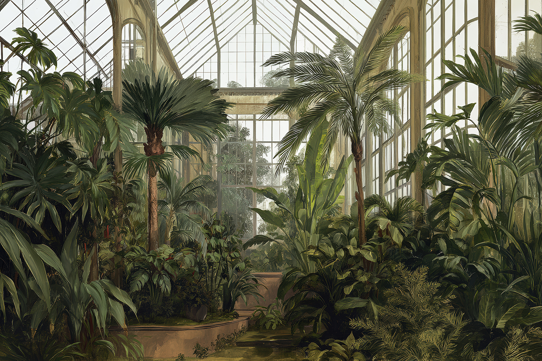 Greenhouse mural illustration, natural warm tones, suitable for bespoke wall design projects