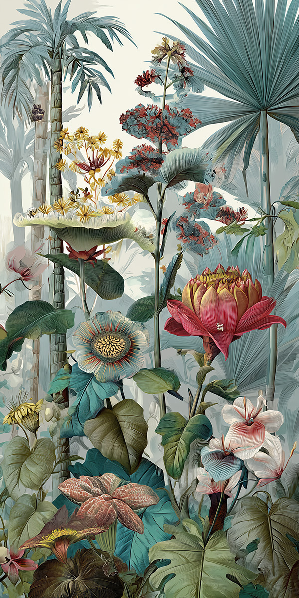 Brightly colored mural of surreal blooms, designed for high-resolution wall panels and tapestries