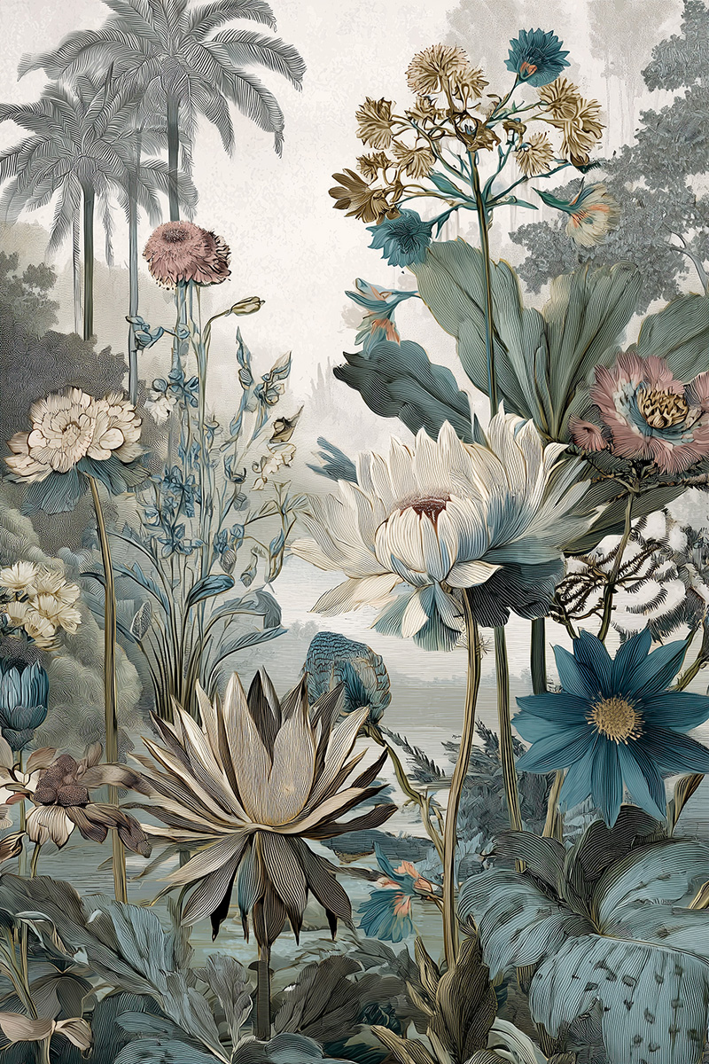 Elegant mural with dreamlike flowers in faded tones, print-ready for interior architecture projects