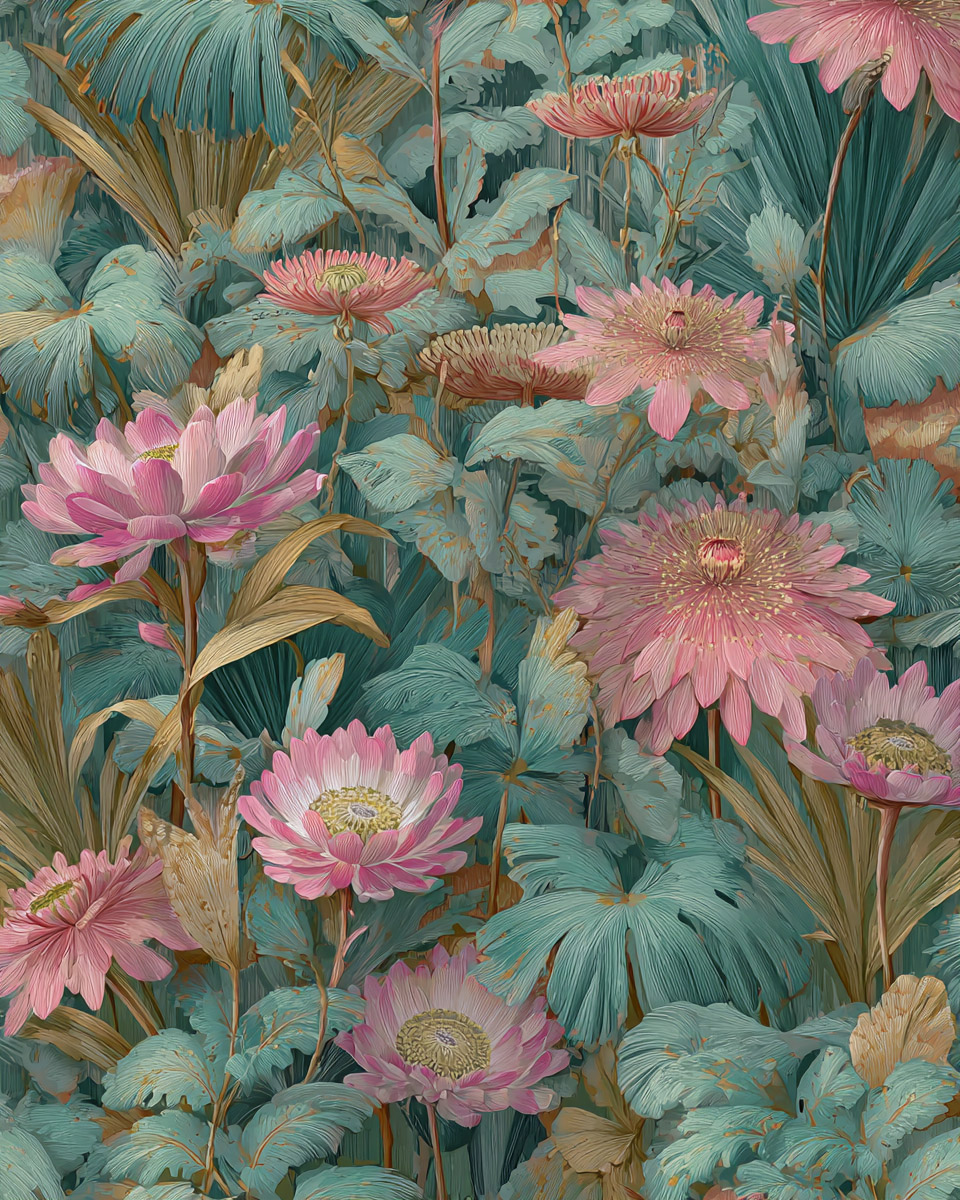 Digitally composed mural of elegant flowers, for decorative surfaces