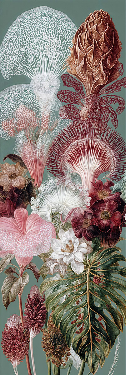 Otherworldly floral landscape in sage green and pink, retro-futur scifi inspired
