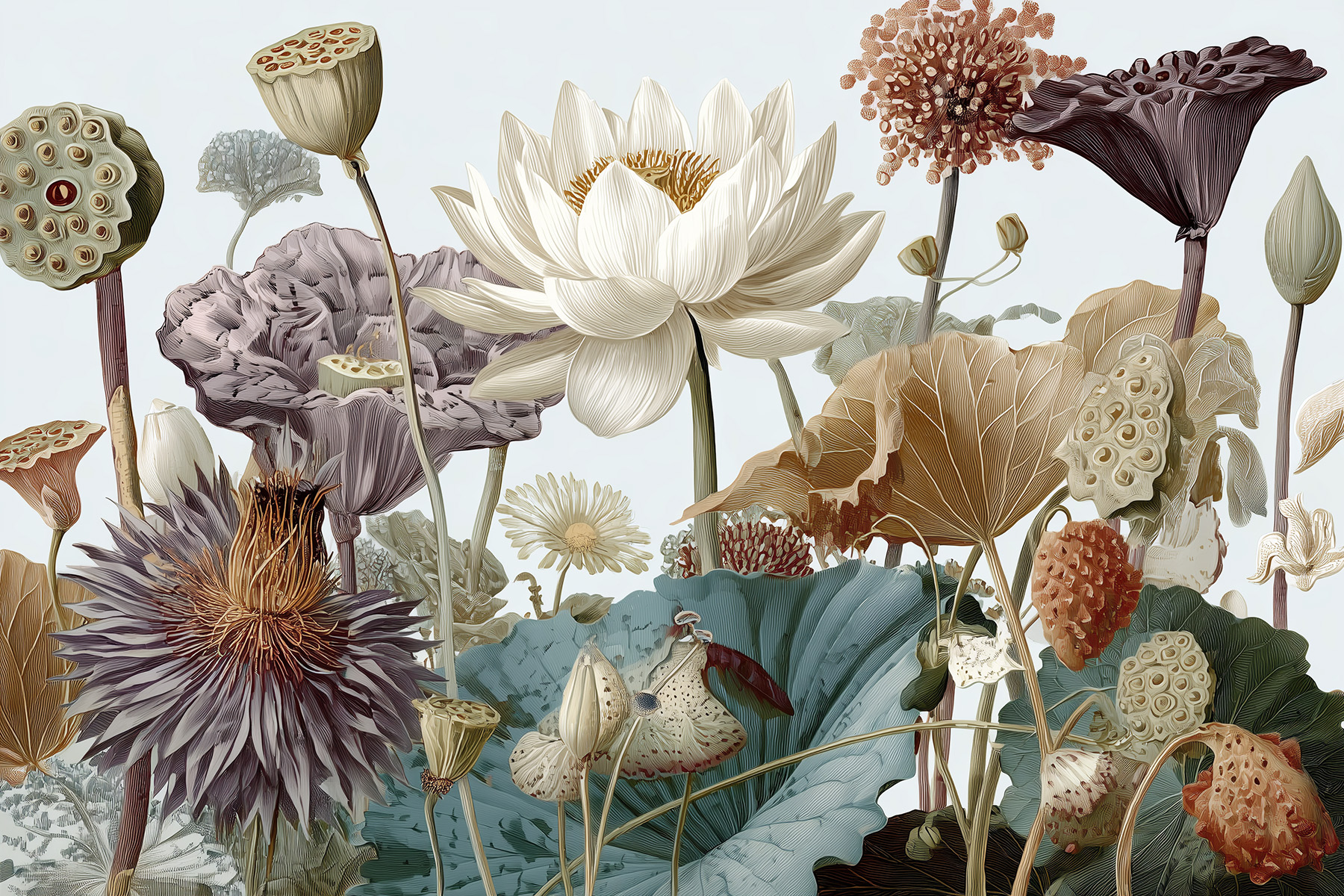High-resolution vintage botanical mural featuring fantastical flower illustrations, ideal for luxury wall decor