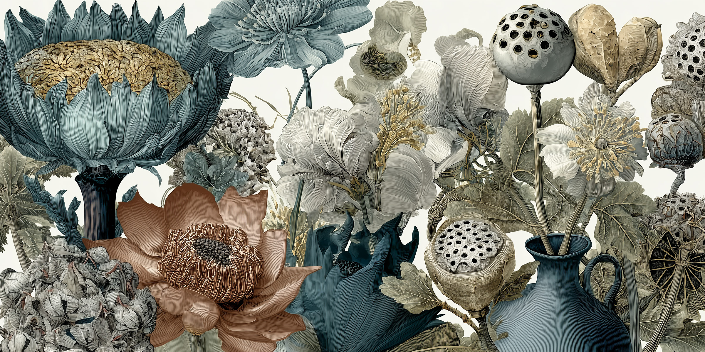 Fine art mural with surreal flowers on white background, suitable for large-scale interior design projects