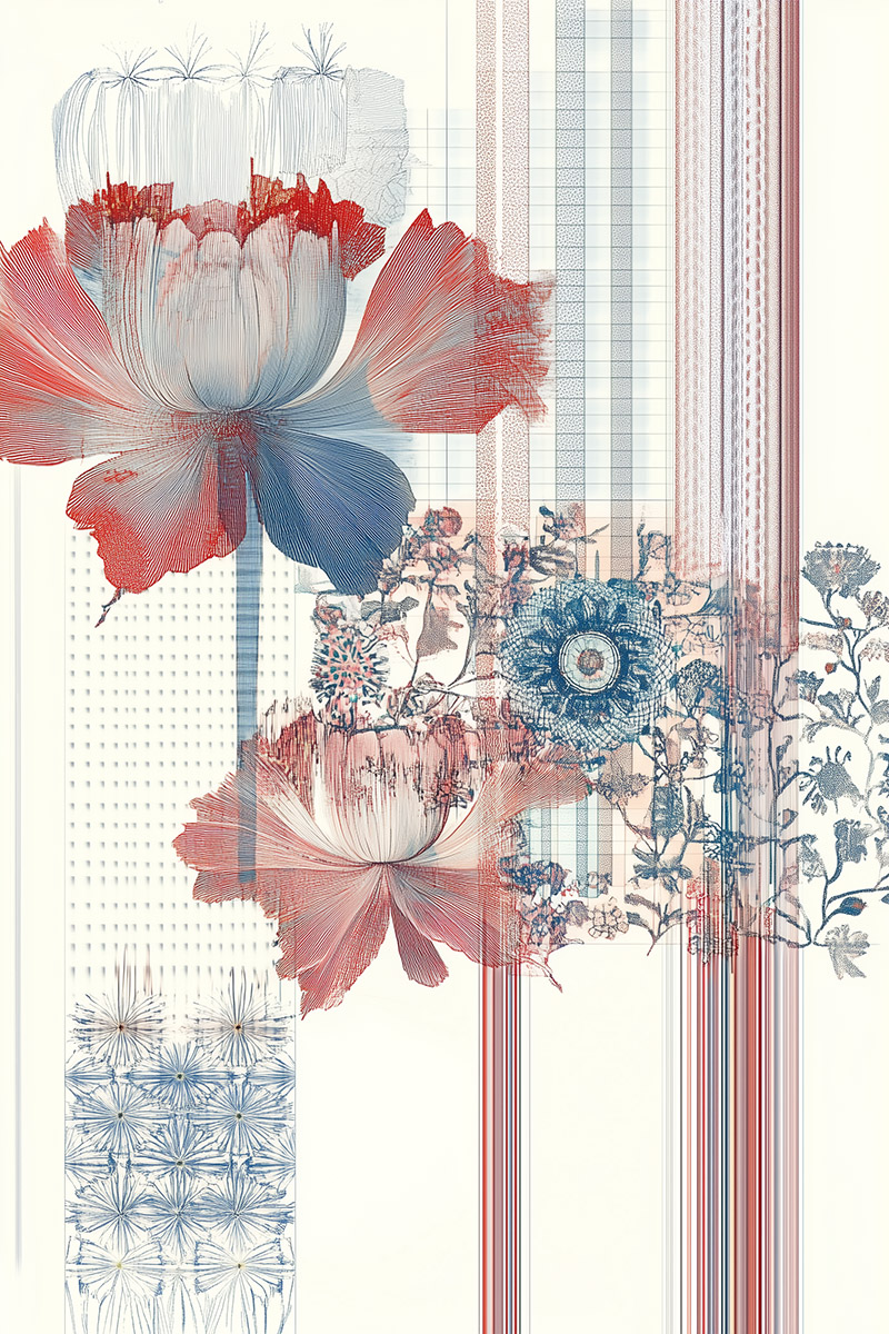 Digitally enhanced floral fragments arranged into a dreamlike pattern for decorative wall surfaces