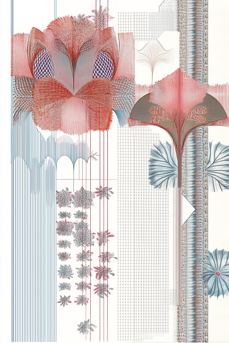 Fine embroidered floral lines tracing delicate lifelines, perfect for textile or mural applications