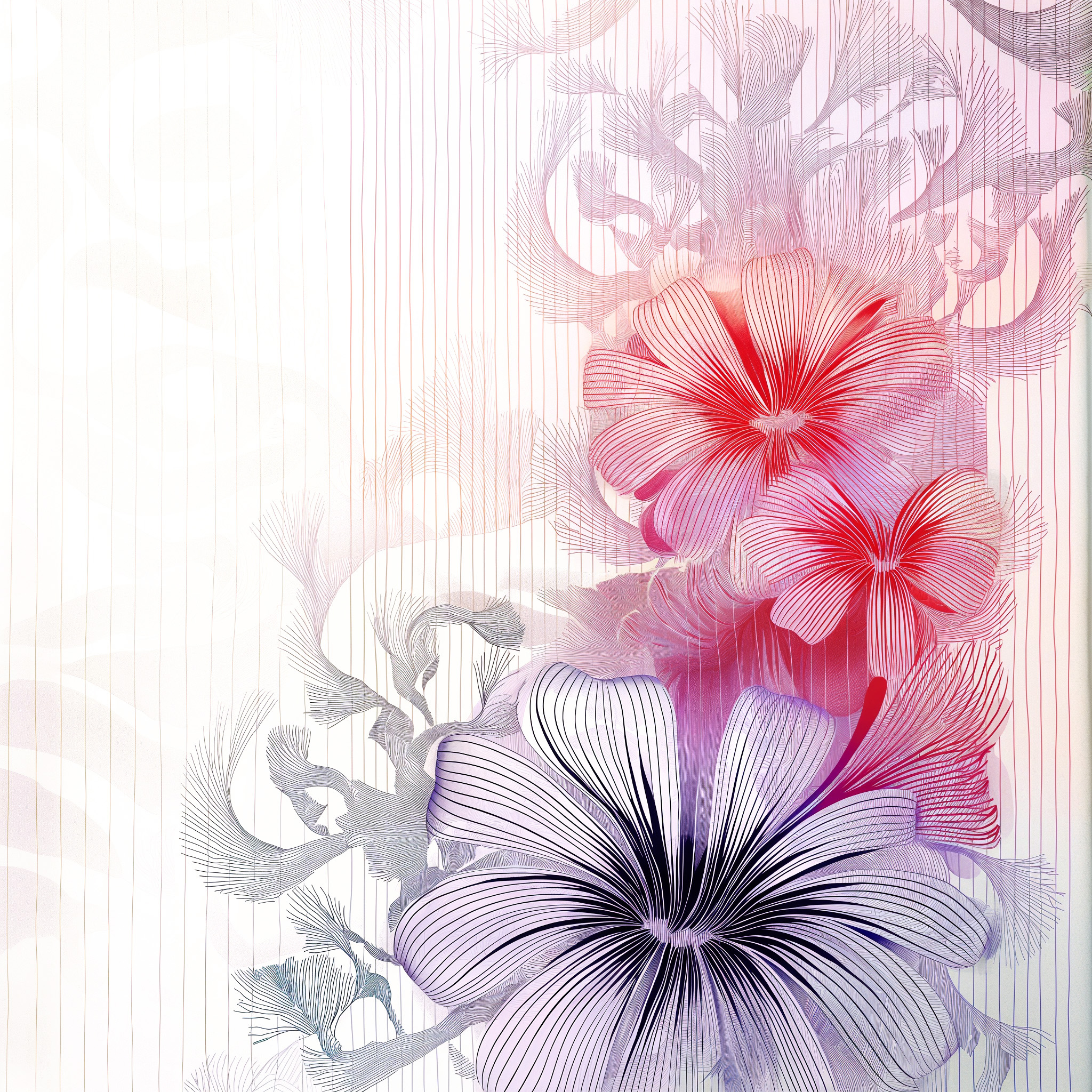 Ornamental flora in red and purple thin lines
